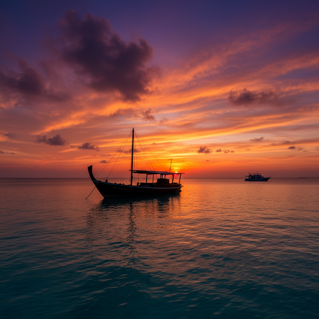 Dhoni boat at sunset in the Maldives