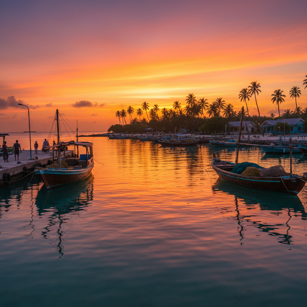 Golden hour over Dharavandhoo harbour