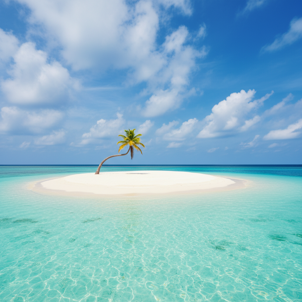 Palm-fringed sandbank at low tide