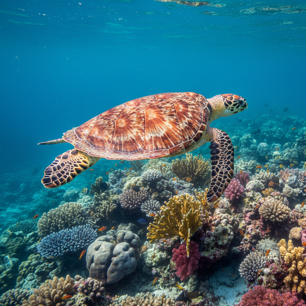 Hawksbill turtle resting on soft coral
