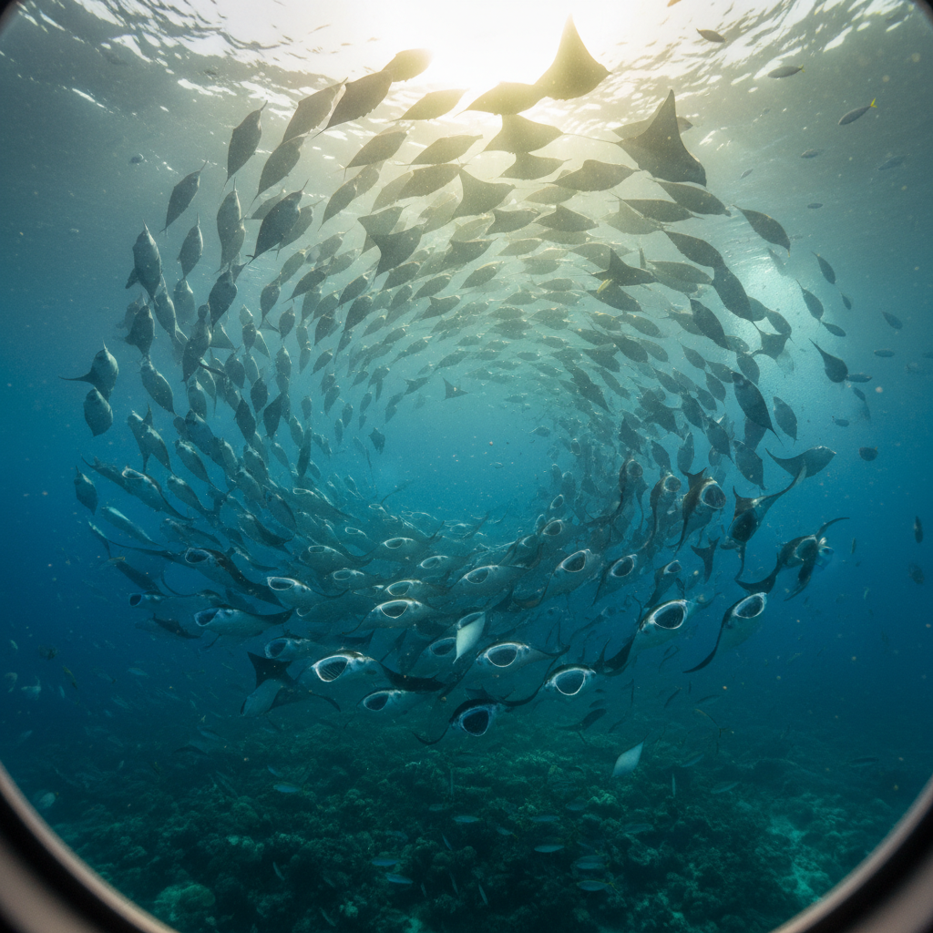 Manta ray gliding over the reef at Hanifaru Bay