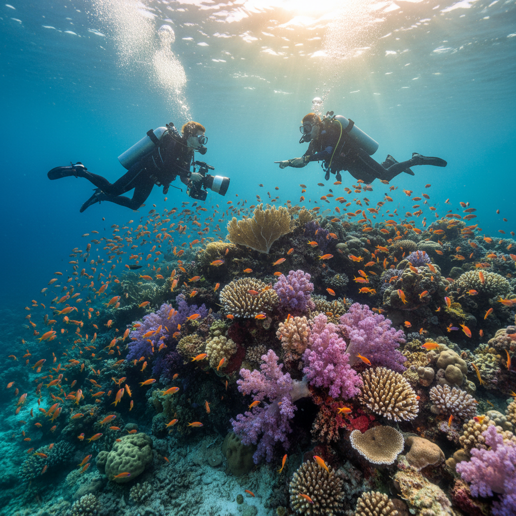 Divers exploring a coral garden in Baa Atoll